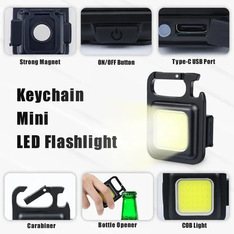 Portable USB Rechargeable Pocket Work Light multifunctional device features four lighting modes also functions as a bottle opener