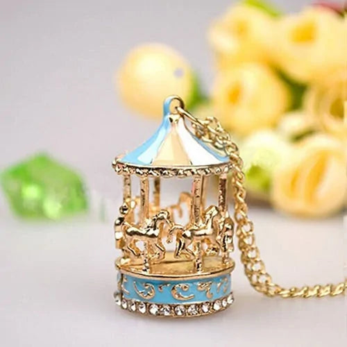 Sweet Enamel Carousel Merry Go Round Horse Charm Pendant Sweater Chain Necklace