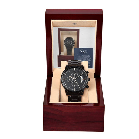 Graduation Gift To Son- Black Chronograph Watch three-dial face, calendar function, and luxury pointer in a water-resistant and scratch-proof vessel.