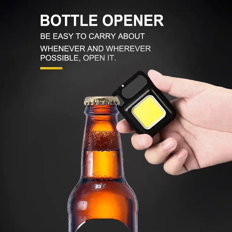 Portable USB Rechargeable Pocket Work Light multifunctional device features four lighting modes also functions as a bottle opener