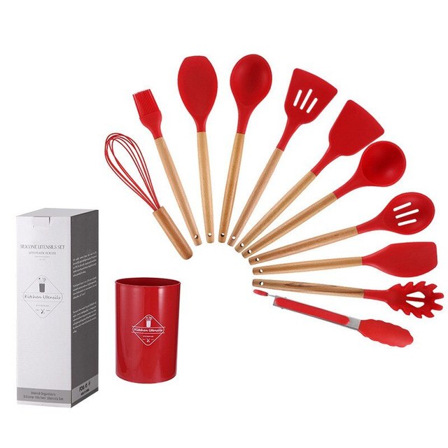 Non Stick Pot Spatula And Spoon 12-Piece Wooden Handle Silicone Kitchen Utensils Set and Handy Storage Bucket