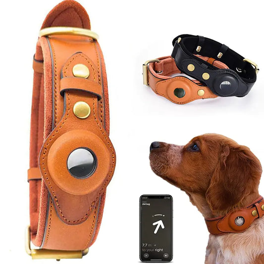 Leather Anti-Lost Dog Collar Elevate your pet's safety perfect blend of durability and comfort Apple AirTag stays securely in place