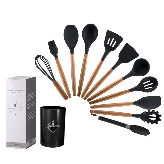 Non Stick Pot Spatula And Spoon 12-Piece Wooden Handle Silicone Kitchen Utensils Set and Handy Storage Bucket