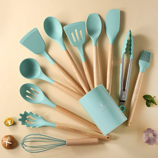 Non Stick Pot Spatula And Spoon 12-Piece Wooden Handle Silicone Kitchen Utensils Set and Handy Storage Bucket