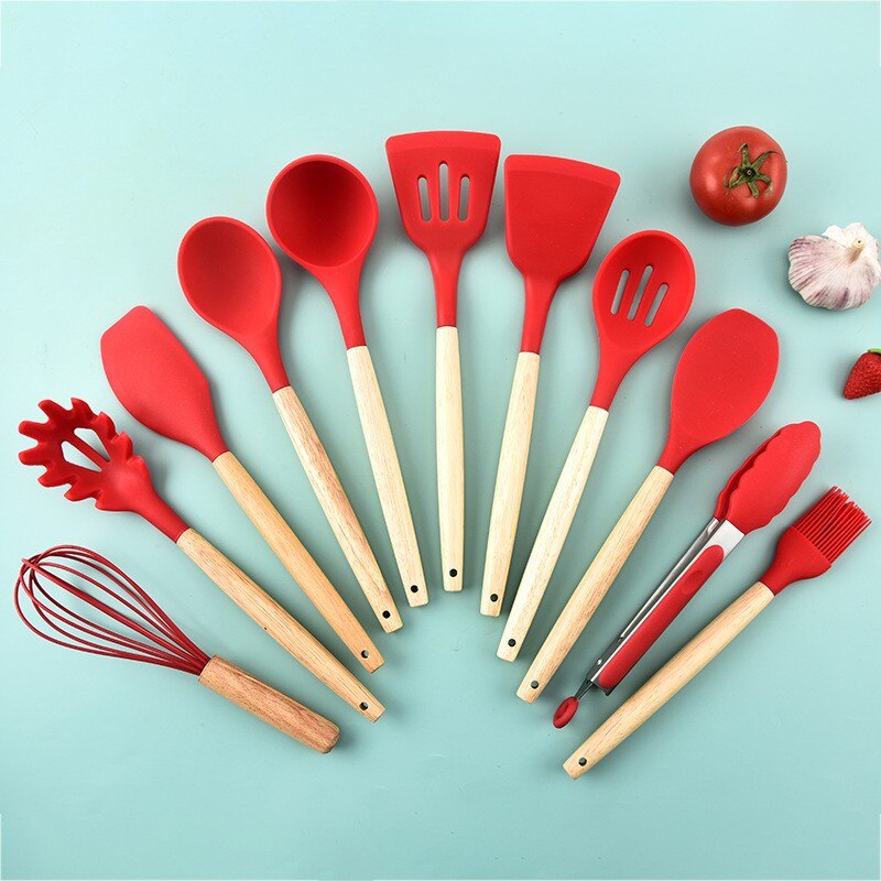 Non Stick Pot Spatula And Spoon 12-Piece Wooden Handle Silicone Kitchen Utensils Set and Handy Storage Bucket